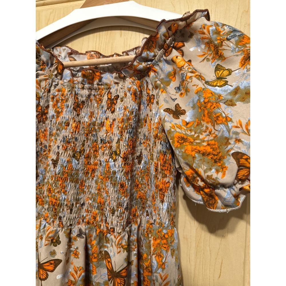 Curve‎ Butterfly Floral Smocked Off Shoulder Puff Sleeve Midi Dress 0XL